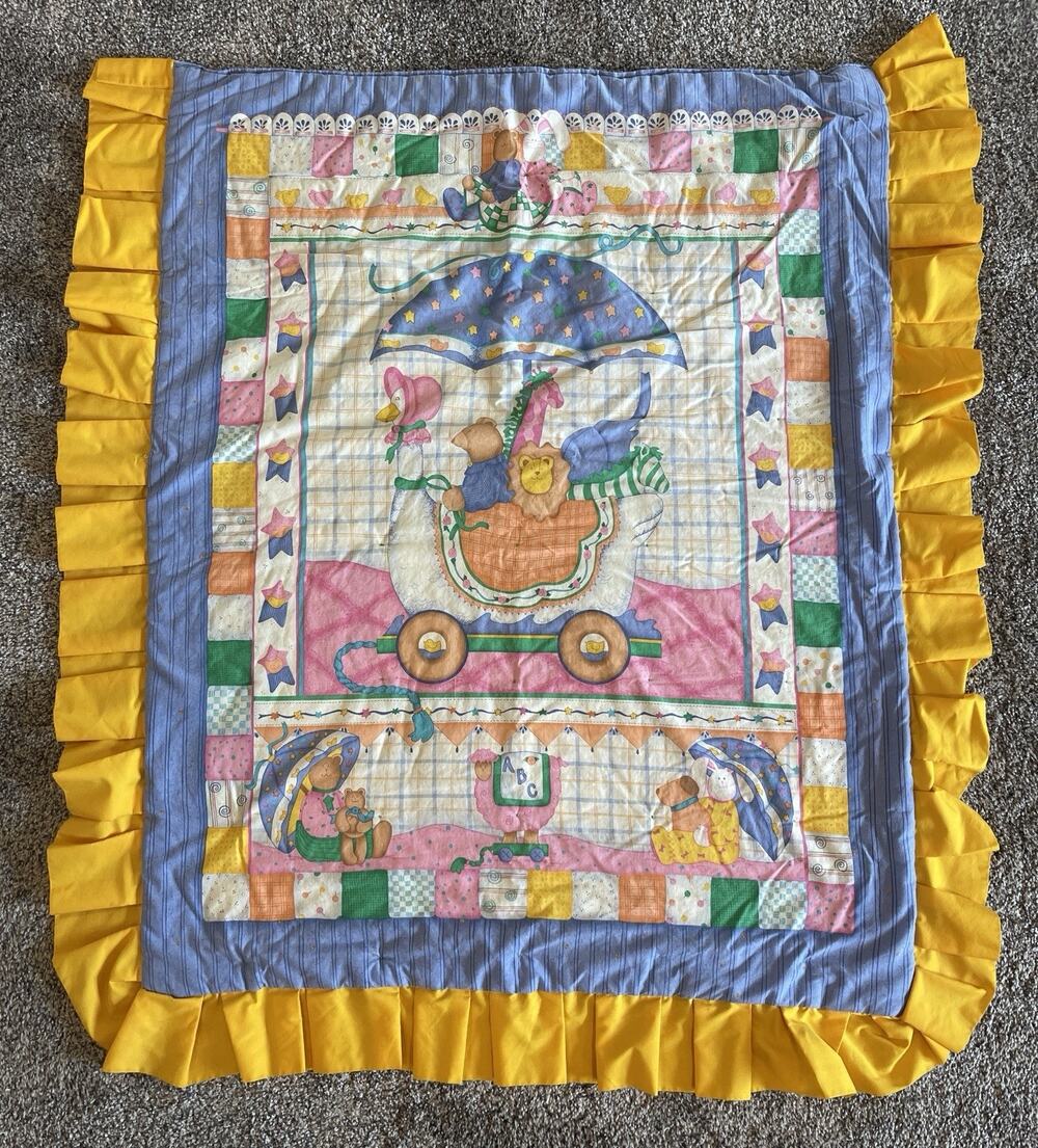 Vintage Baby Quilt Comforter Handmade Tied Quilt Zoo Animals 44x38